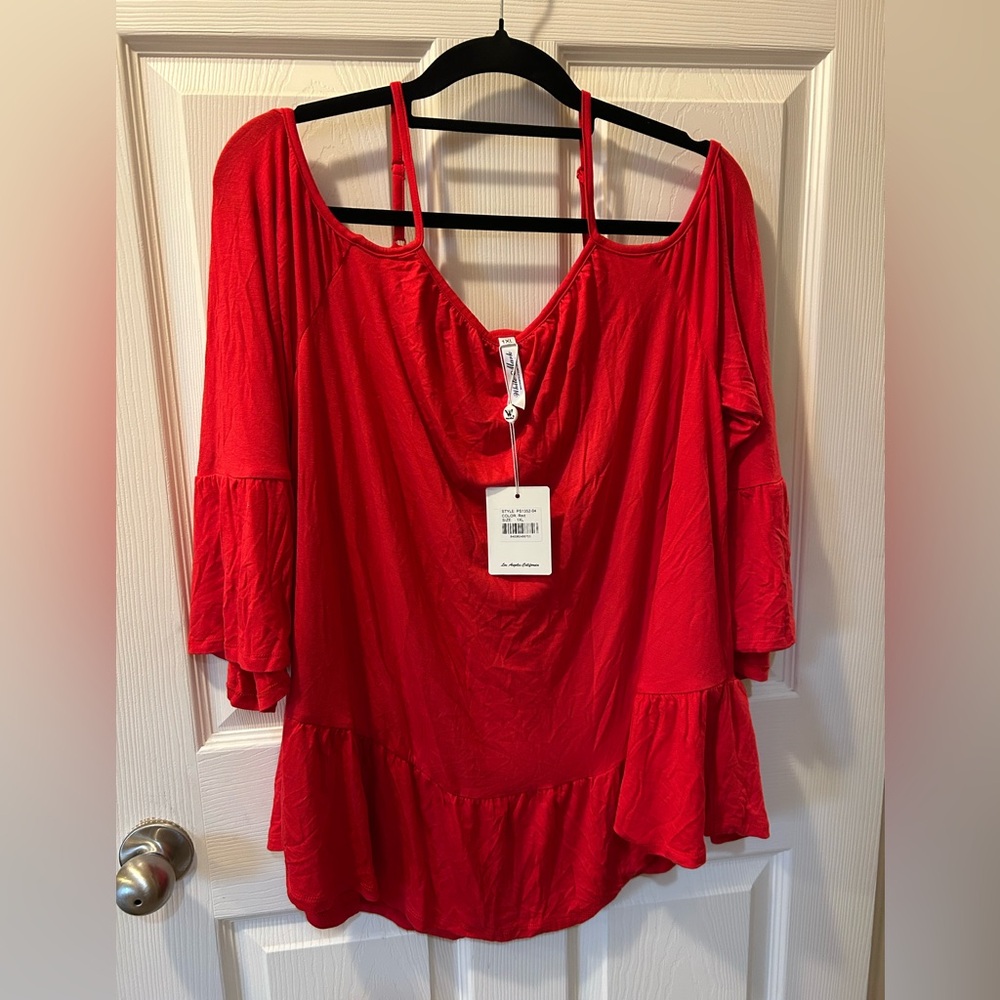 White Mark 1X Red Off-Shoulder Cold Shoulder Women's Top 3/4 Bell Sleeves NWT